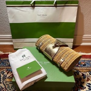 NEW KATE SPADE WICKER & LEATHER CLUTCH, Full Set (Box, Dust Bag, Gift Bag)